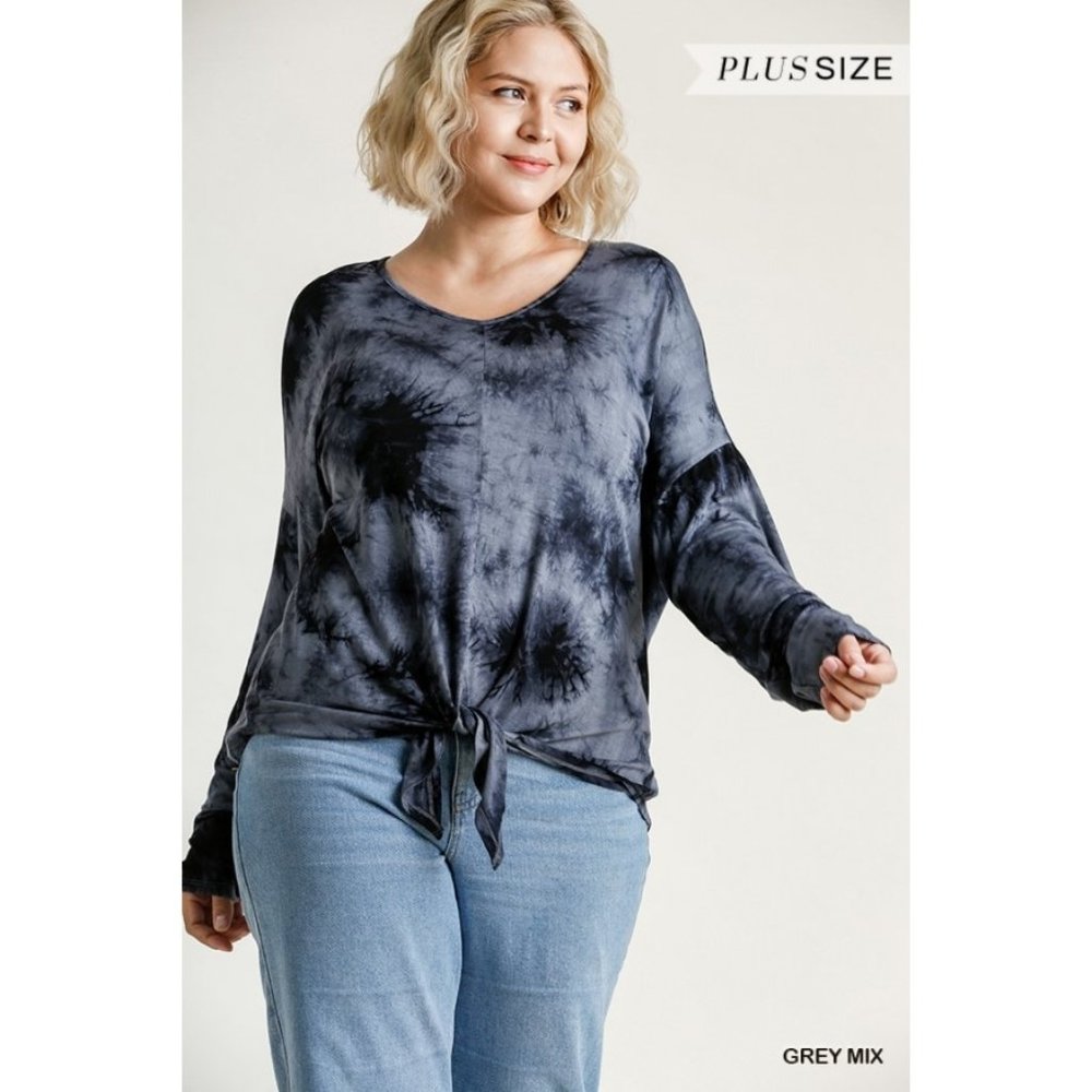 NWOT Umgee Tie Dye Lightweight Long Sleeve Tieable Top Grey Black. Tub 3